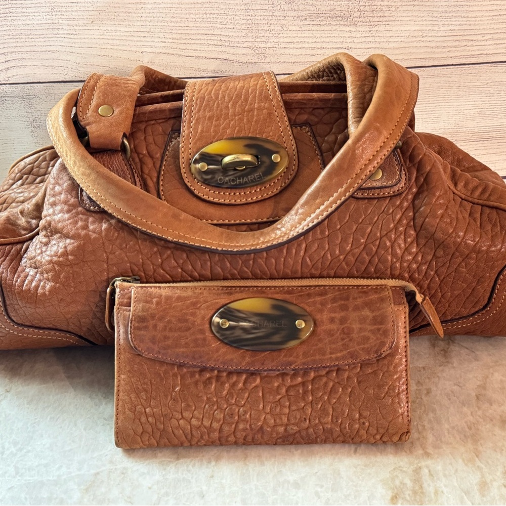 Cacharel Brown Pebble Leather Women's Handbag and Wallet Set